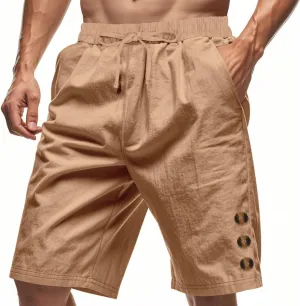 Mens Cotton Linen Shorts Casual Drawstring Elastic Waist Summer Beach Short Vacation Shorts with Pockets
