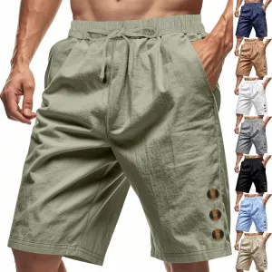 Mens Cotton Linen Shorts Casual Drawstring Elastic Waist Summer Beach Short Vacation Shorts with Pockets