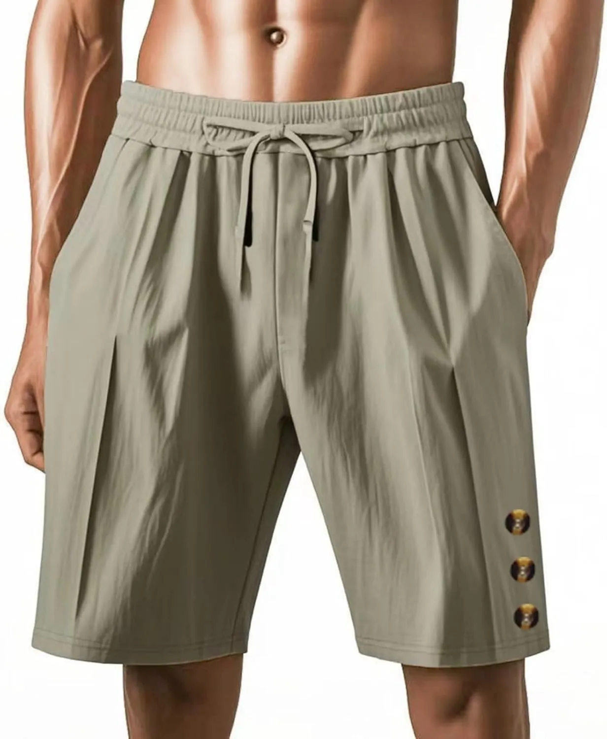 Mens Cotton Linen Shorts Casual Drawstring Elastic Waist Summer Beach Short Vacation Shorts with Pockets