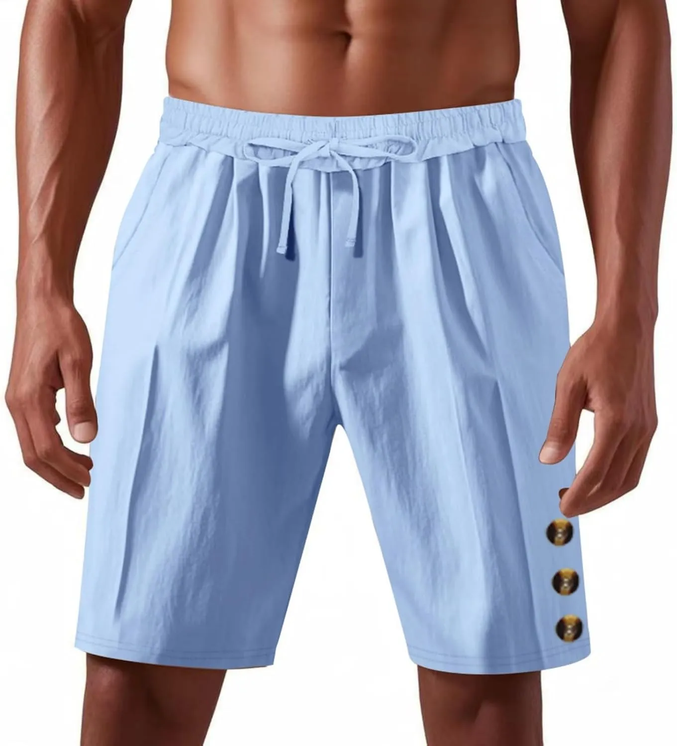 Mens Cotton Linen Shorts Casual Drawstring Elastic Waist Summer Beach Short Vacation Shorts with Pockets