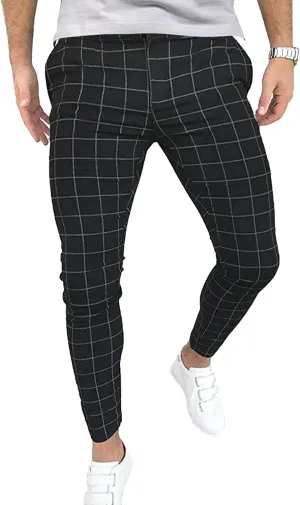 Men's Fashion Stretch Dress Pants Casual Business Golf Pant Trousers Slim Fit Plaid Skinny Long Pants