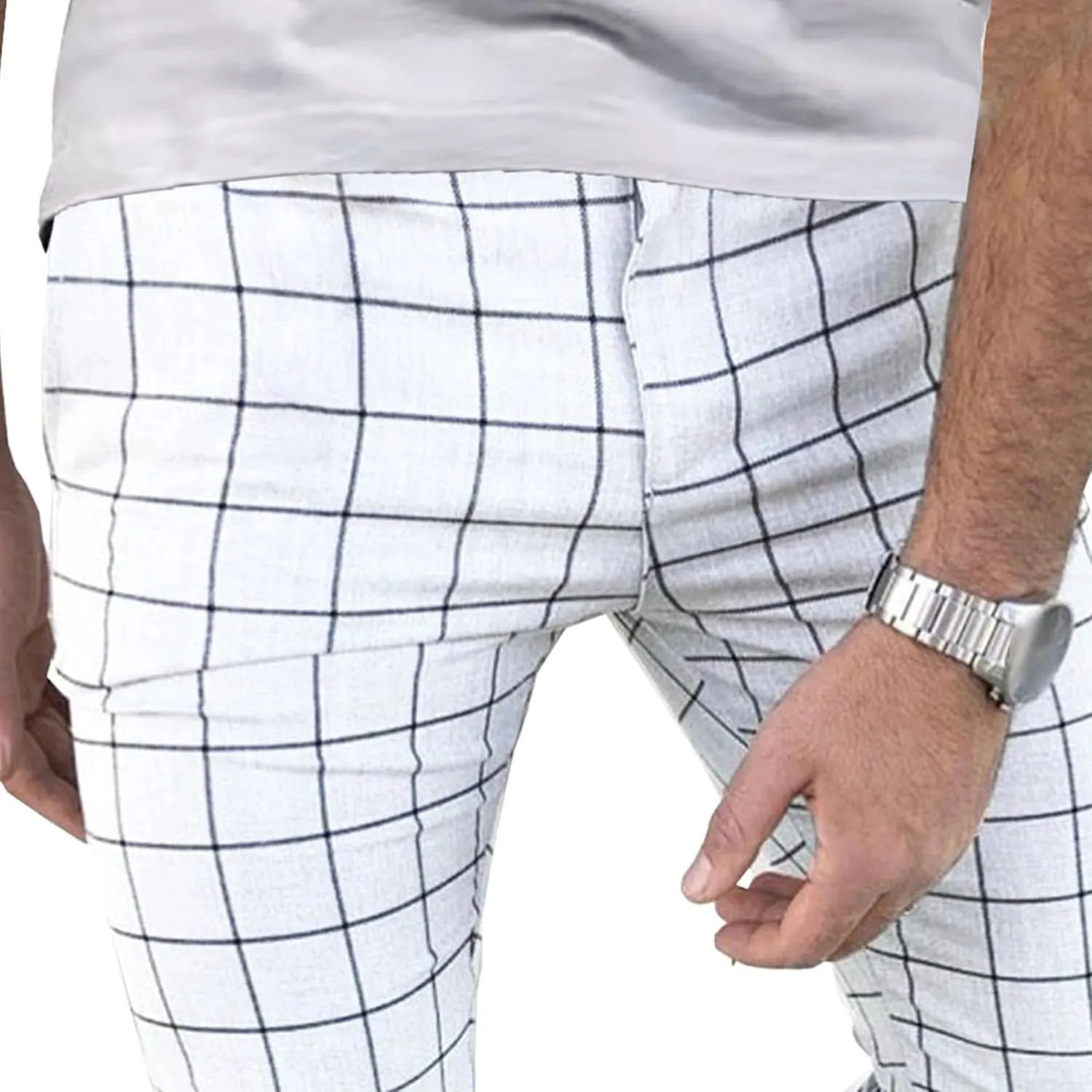 Men's Fashion Stretch Dress Pants Casual Business Golf Pant Trousers Slim Fit Plaid Skinny Long Pants