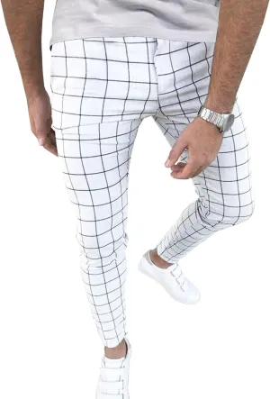 Men's Fashion Stretch Dress Pants Casual Business Golf Pant Trousers Slim Fit Plaid Skinny Long Pants