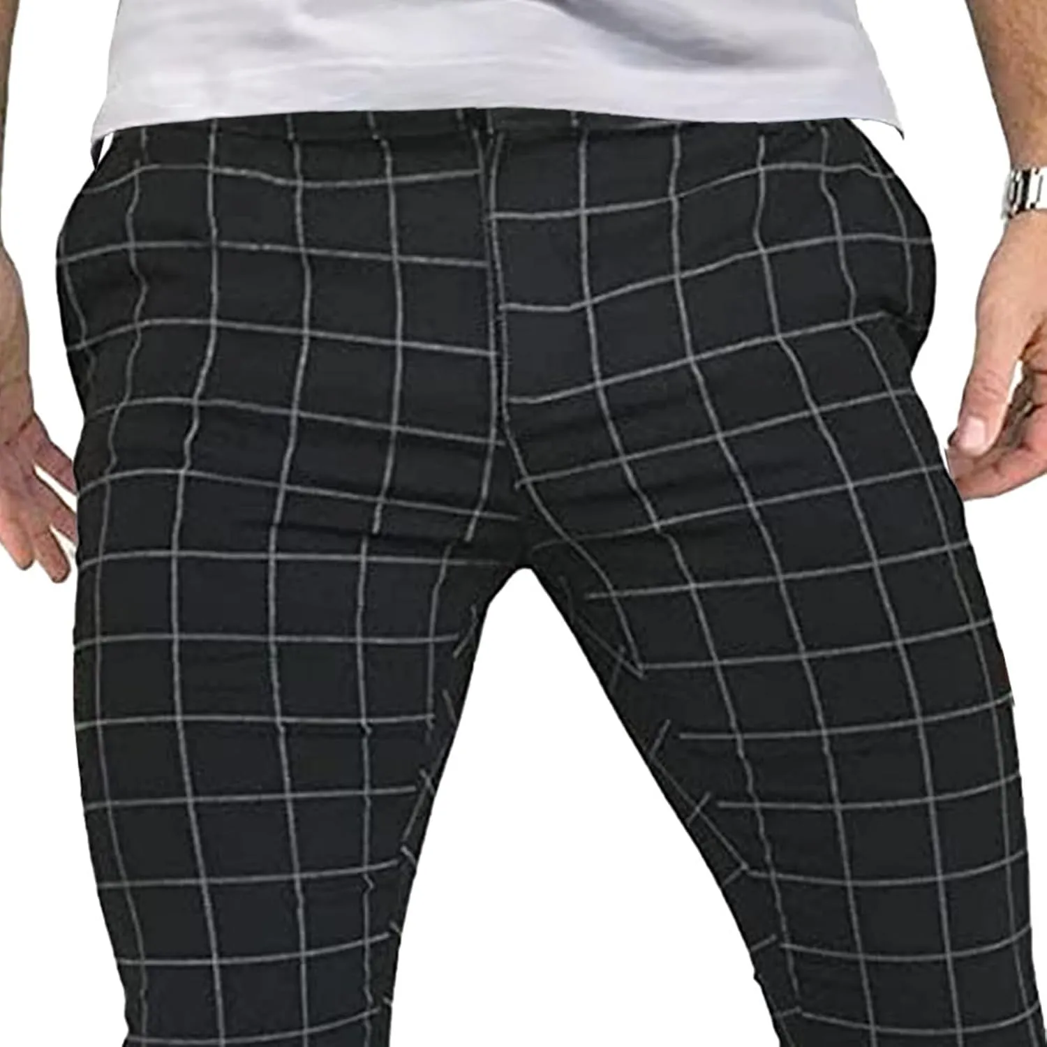 Men's Fashion Stretch Dress Pants Casual Business Golf Pant Trousers Slim Fit Plaid Skinny Long Pants