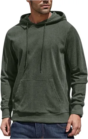 Mens Hooded Sweatshirt Long Sleeve Casual Corduroy Drawstring Pullover Hoodies with Pocket,2024 Tall and Big Tops
