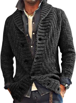 Mens Lapel Chunky Knit Cardigan Sweater Vintage Long Sleeve Button Down Sweater Business Gentleman Long Sleeve Tops