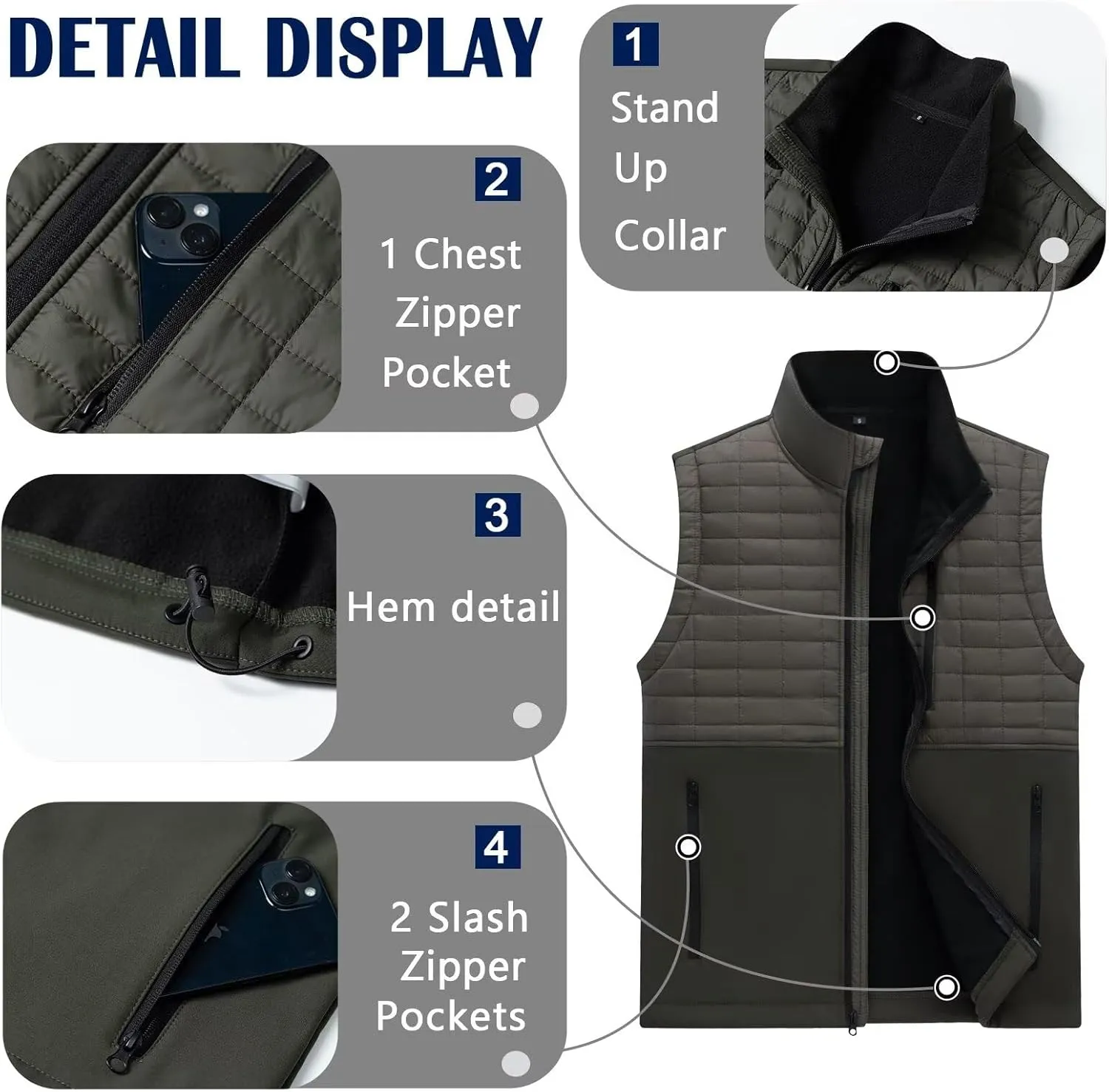 Men's Lightweight Softshell Vest Outerwear Windproof Puffer Sleeveless Jacket for Golf Running