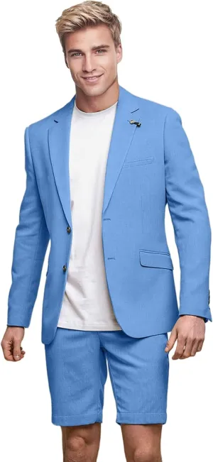 Men's Linen 2 Piece Suit Slim Fit Casual Summer Beach Wedding Shorts Suits Blazer Shorts Set