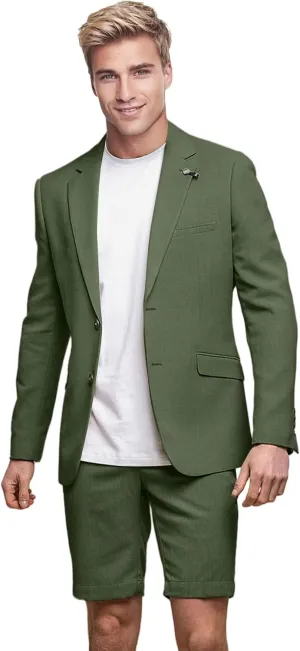 Men's Linen 2 Piece Suit Slim Fit Casual Summer Beach Wedding Shorts Suits Blazer Shorts Set