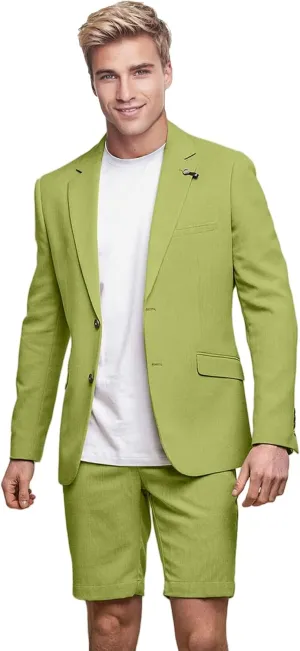 Men's Linen 2 Piece Suit Slim Fit Casual Summer Beach Wedding Shorts Suits Blazer Shorts Set