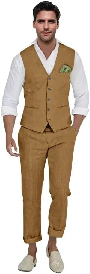 Mens Linen Suit 2 Piece Casual Beach Wedding Slim Fit Groomsmen Tuxedos Prom Party Dress Vest and Pants Set