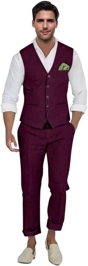 Mens Linen Suit 2 Piece Casual Beach Wedding Slim Fit Groomsmen Tuxedos Prom Party Dress Vest and Pants Set