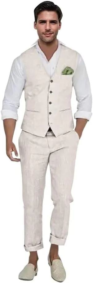 Mens Linen Suit 2 Piece Casual Beach Wedding Slim Fit Groomsmen Tuxedos Prom Party Dress Vest and Pants Set