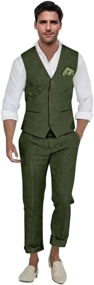 Mens Linen Suit 2 Piece Casual Beach Wedding Slim Fit Groomsmen Tuxedos Prom Party Dress Vest and Pants Set