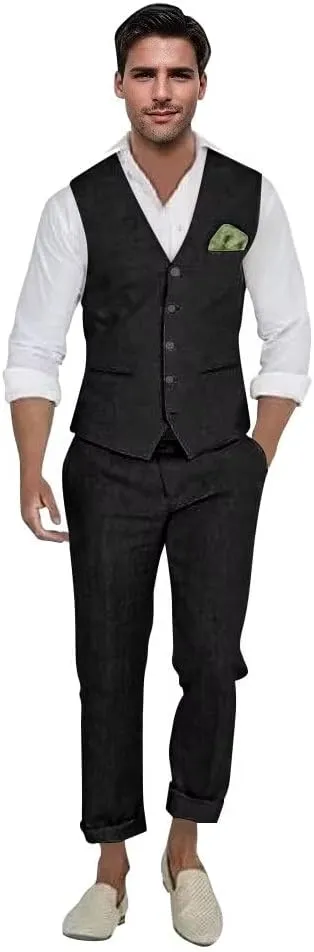 Mens Linen Suit 2 Piece Casual Beach Wedding Slim Fit Groomsmen Tuxedos Prom Party Dress Vest and Pants Set