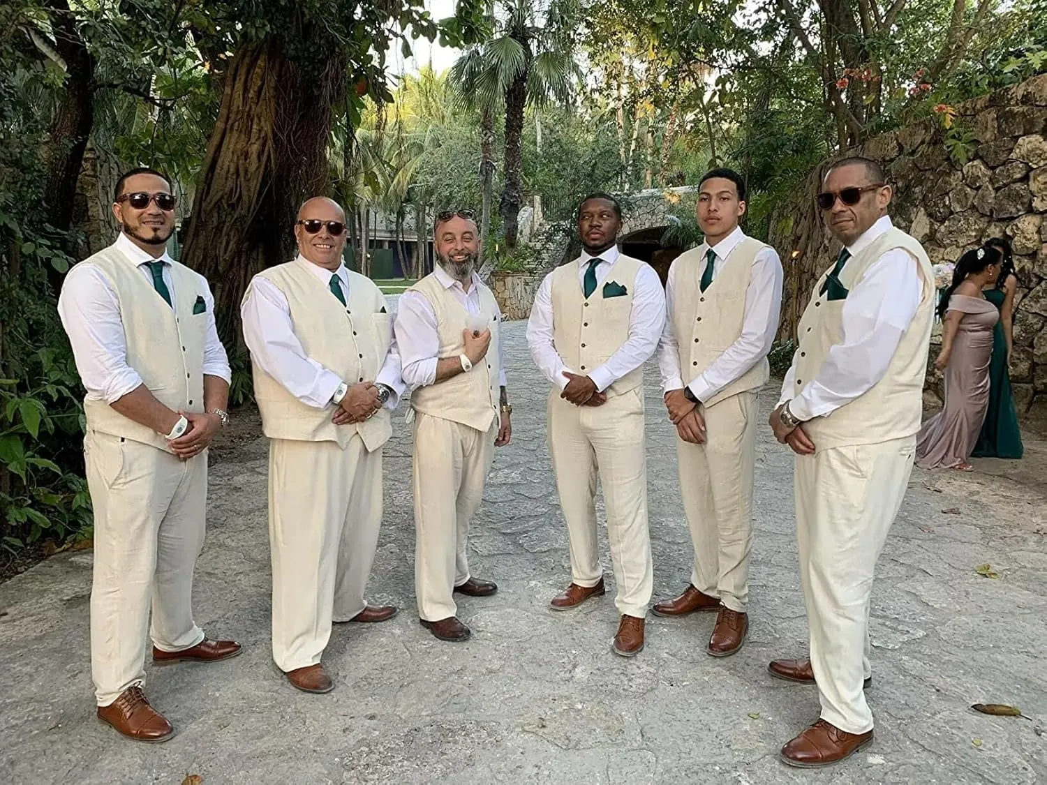 Mens Linen Suit 2 Piece Casual Beach Wedding Slim Fit Groomsmen Tuxedos Prom Party Dress Vest and Pants Set