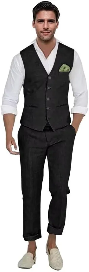 Mens Linen Suit 2 Piece Casual Beach Wedding Slim Fit Groomsmen Tuxedos Prom Party Dress Vest and Pants Set