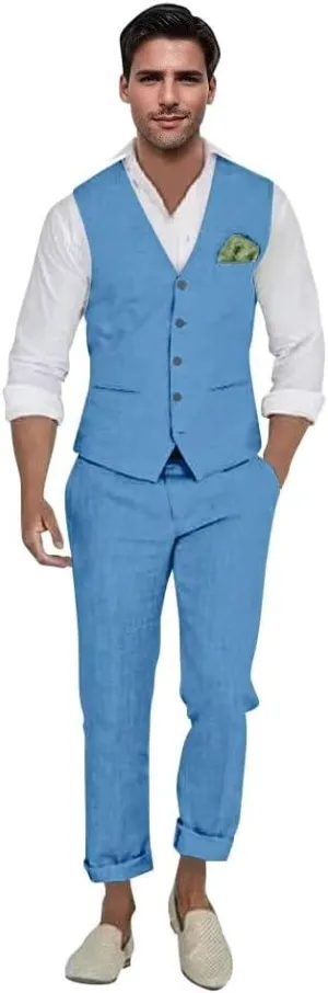 Mens Linen Suit 2 Piece Casual Beach Wedding Slim Fit Groomsmen Tuxedos Prom Party Dress Vest and Pants Set