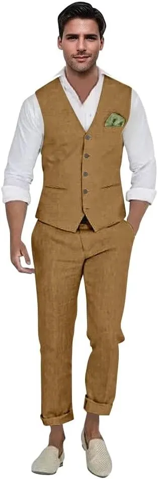 Mens Linen Suit 2 Piece Casual Beach Wedding Slim Fit Groomsmen Tuxedos Prom Party Dress Vest and Pants Set