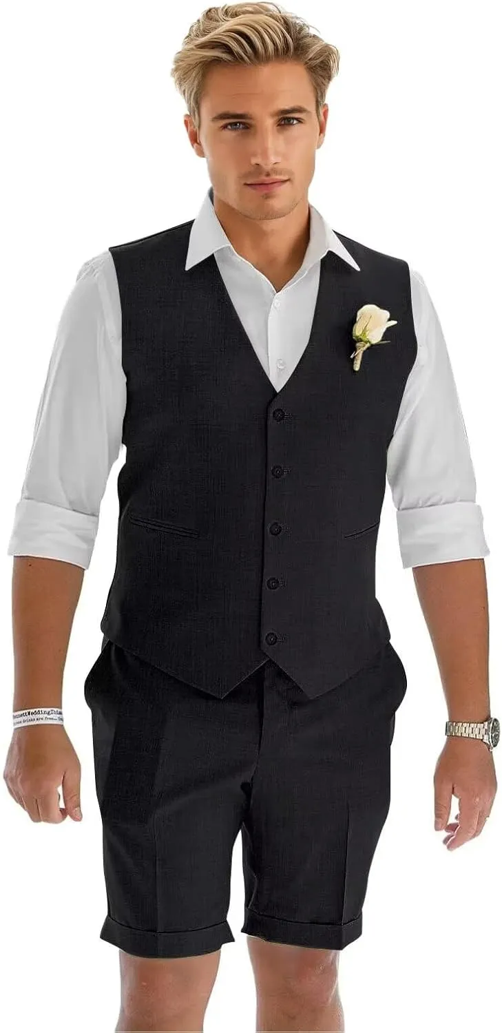 Men's Linen Suit 2 Piece Slim Fit Shorts Suits for Men Casual Summer Beach Wedding Vest Shorts Set
