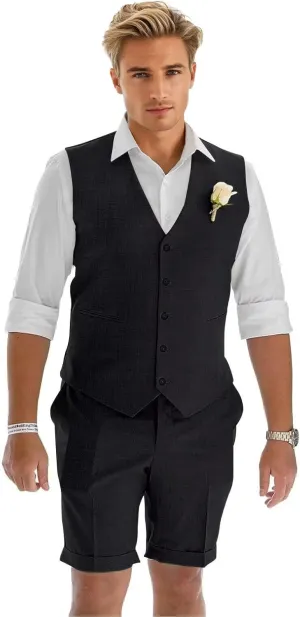 Men's Linen Suit 2 Piece Slim Fit Shorts Suits for Men Casual Summer Beach Wedding Vest Shorts Set