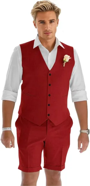 Men's Linen Suit 2 Piece Slim Fit Shorts Suits for Men Casual Summer Beach Wedding Vest Shorts Set
