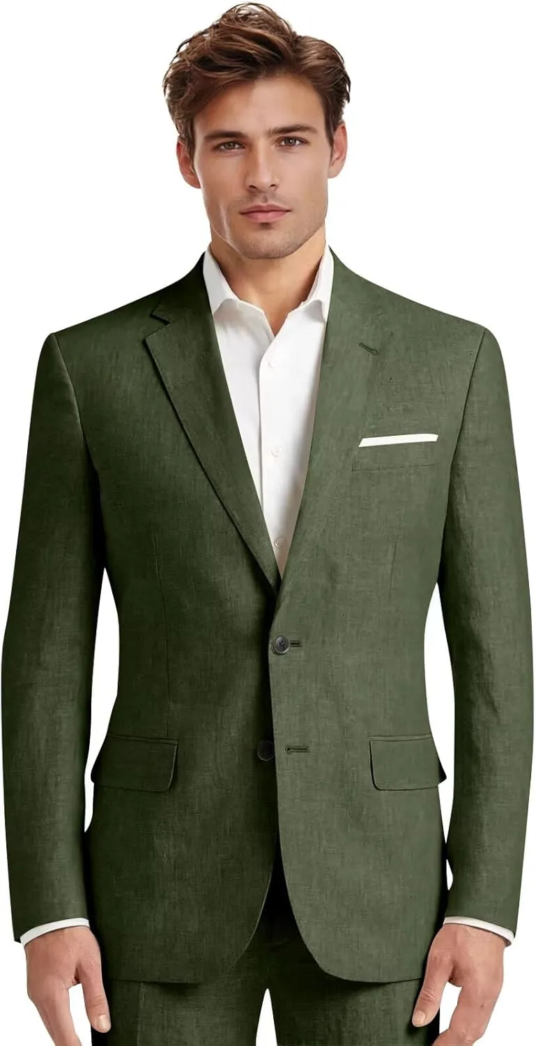 Mens Linen Suit 2 Pieces Slim Fit Casual Beach Wedding Groomsmen Tuxedos Prom Blazer Pants Set