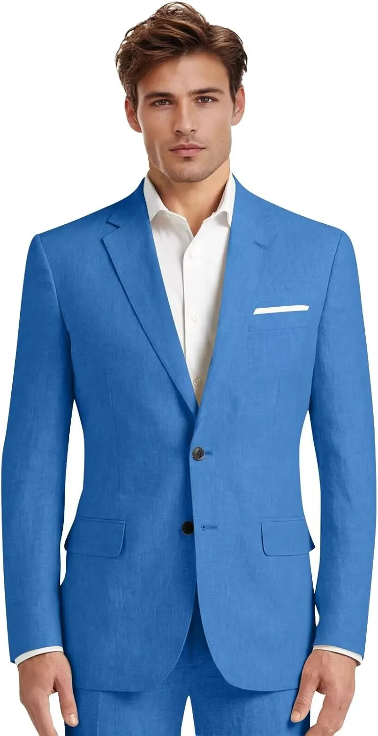 Mens Linen Suit 2 Pieces Slim Fit Casual Beach Wedding Groomsmen Tuxedos Prom Blazer Pants Set