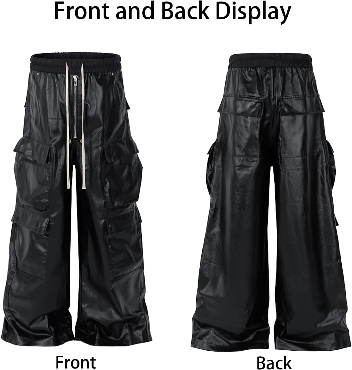 Men's Metallic Coating Multi Pocket Cargo Straight Casual Drawstring Hip Hop Wide Leg Mopping Pants
