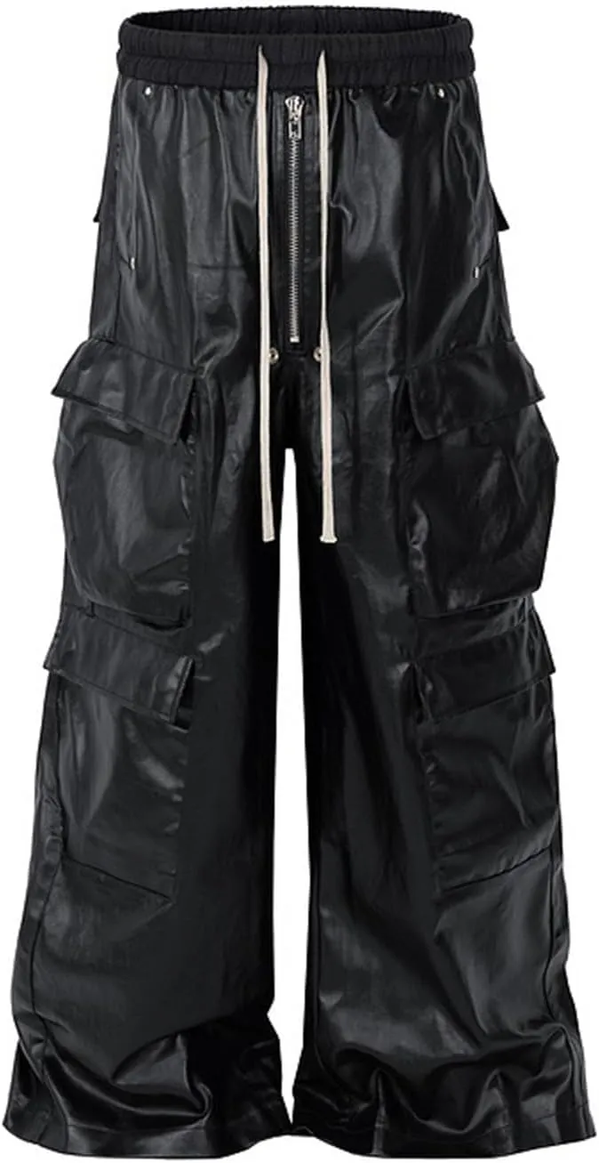 Men's Metallic Coating Multi Pocket Cargo Straight Casual Drawstring Hip Hop Wide Leg Mopping Pants