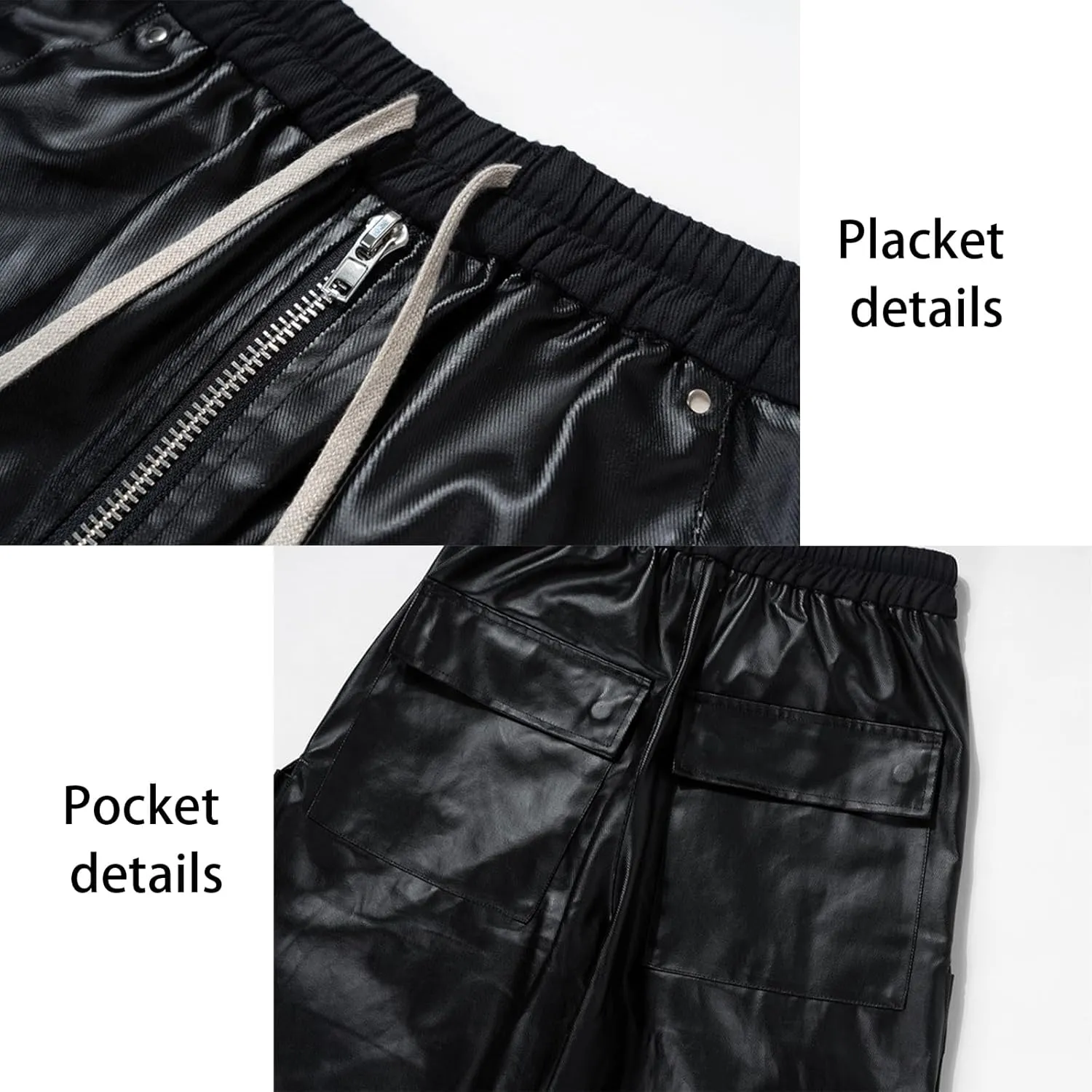 Men's Metallic Coating Multi Pocket Cargo Straight Casual Drawstring Hip Hop Wide Leg Mopping Pants