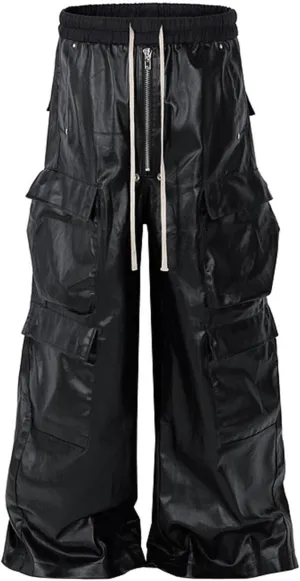 Men's Metallic Coating Multi Pocket Cargo Straight Casual Drawstring Hip Hop Wide Leg Mopping Pants