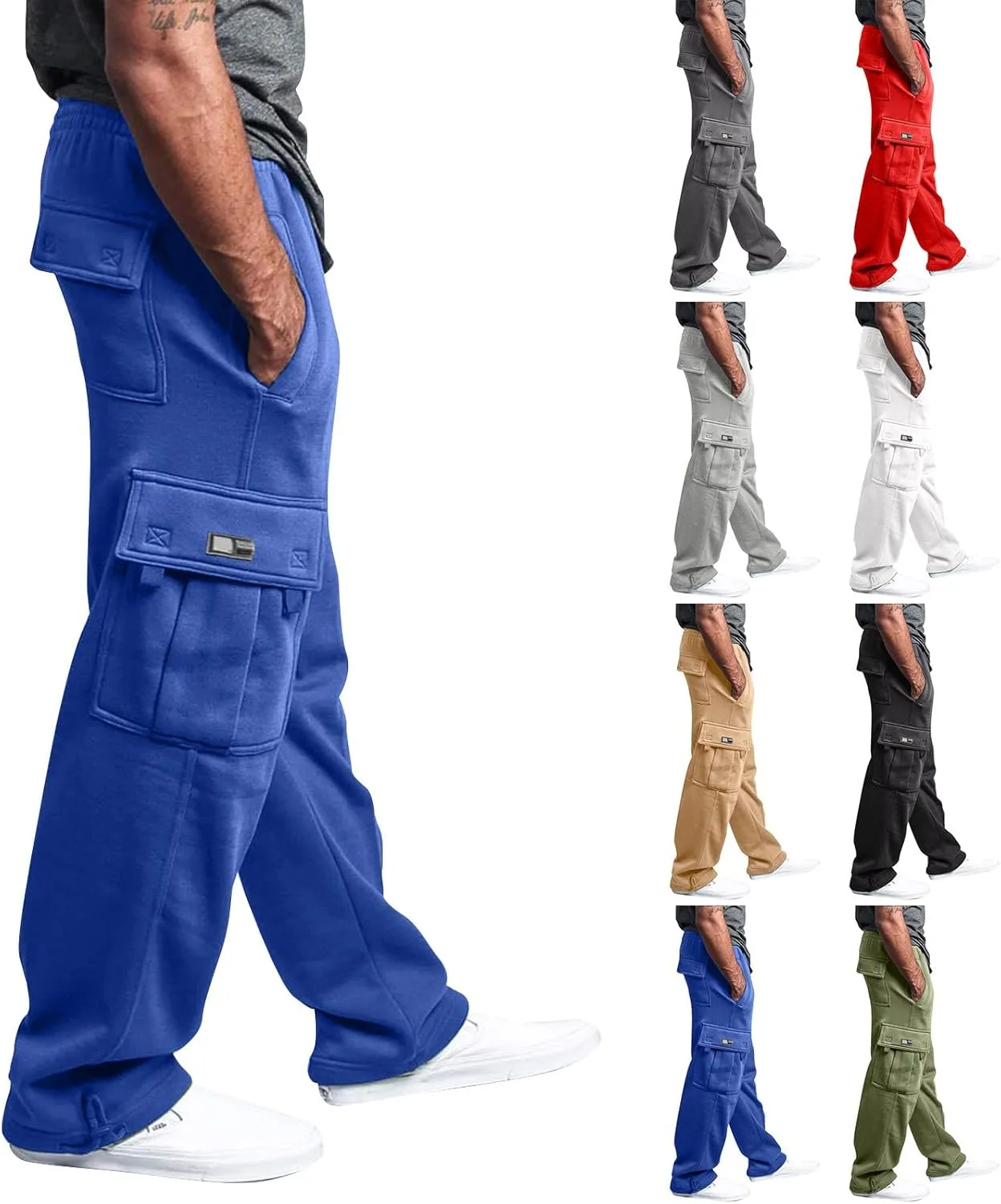 Mens Plus Size Cargo Sweatpants Drawstring Wide Leg Joggers Sweatpants Lightweight Comfy Cotton Sweat Pants w/Pockets
