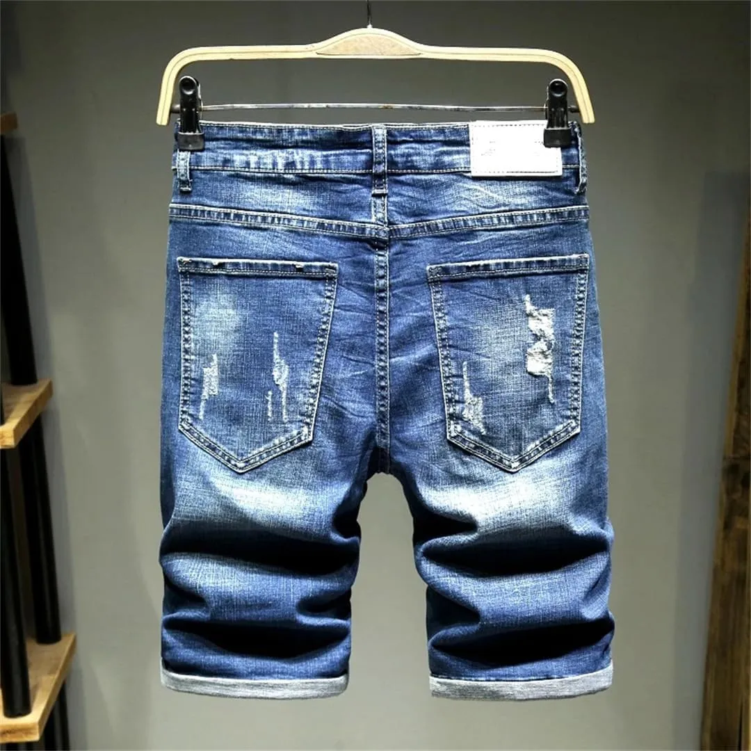 MenS Slim Fit Hole Denim Shorts Knee Length Casual Distressed Wash Casual Jeans Shorts