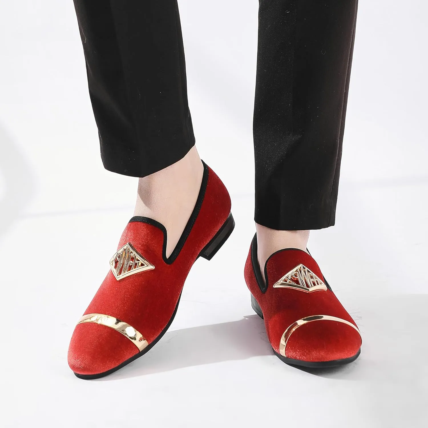 Mens Velvet Loafers Shoes Spiked Dress Shoes with Gold Buckle for Wedding Party Dancing Metallic Slip on Glitter Fashion Prom Shoes
