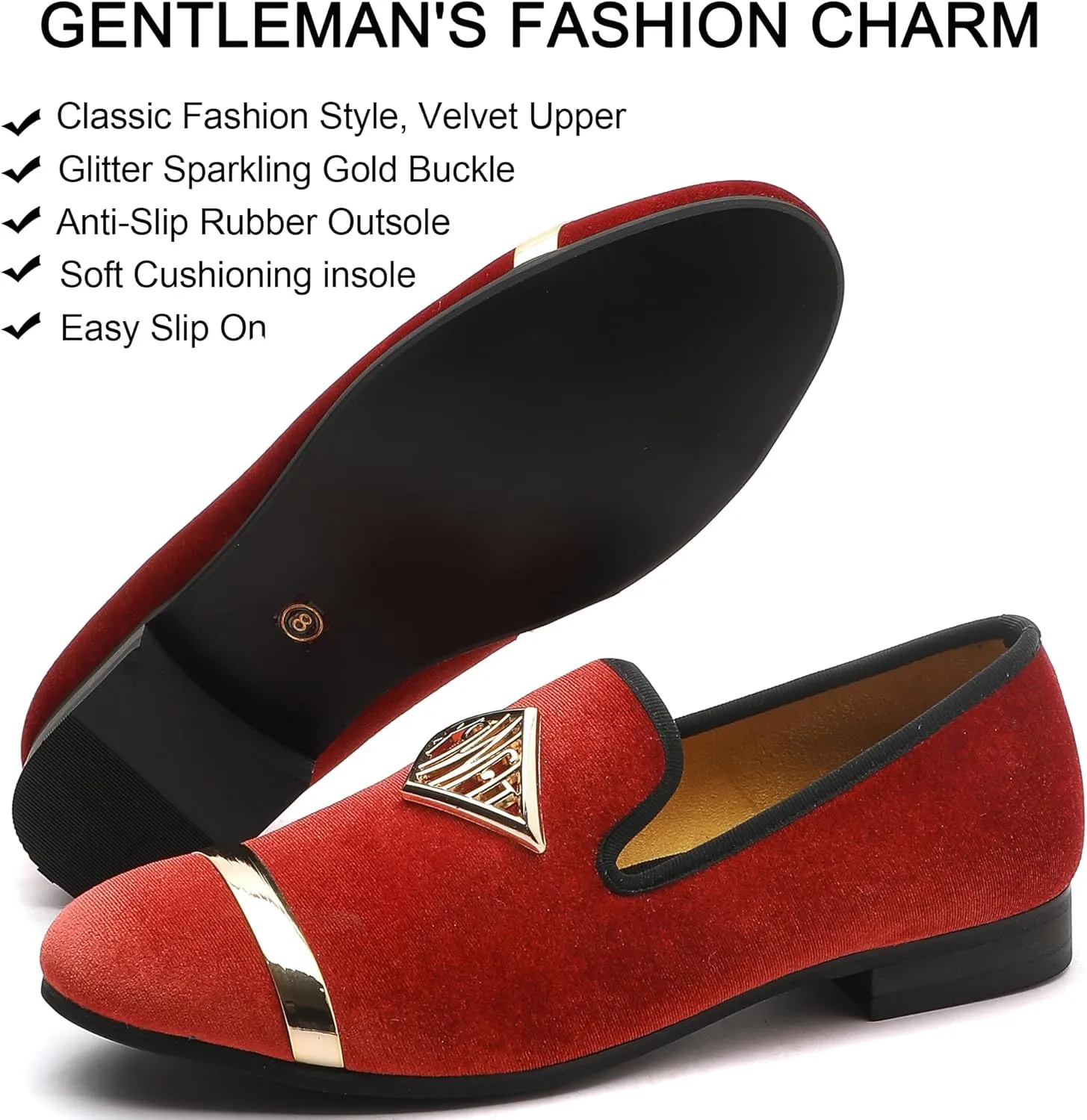 Mens Velvet Loafers Shoes Spiked Dress Shoes with Gold Buckle for Wedding Party Dancing Metallic Slip on Glitter Fashion Prom Shoes