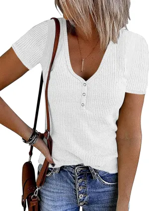 MEROKEETY Women's Summer Short Sleeve V Neck T Shirts Casual Ribbed Button Henley Knit Tops Blouse