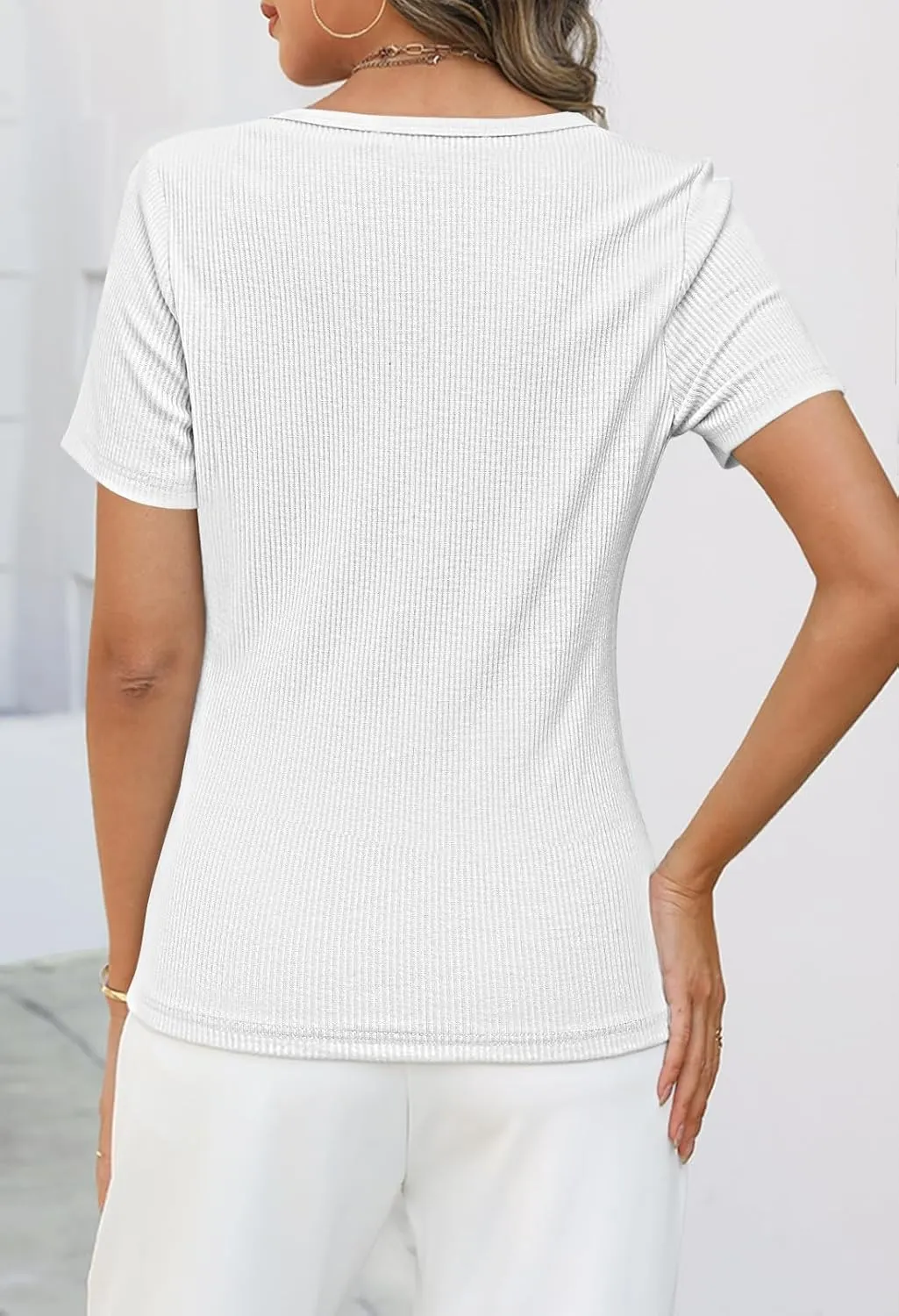 MEROKEETY Women's Summer Short Sleeve V Neck T Shirts Casual Ribbed Button Henley Knit Tops Blouse