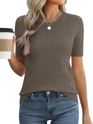 Micoson Womens Short Sleeve Cable Knit Sweater Tops Crewneck Lightweight Spring Summer Shirts Business Dressy Casual Outfits