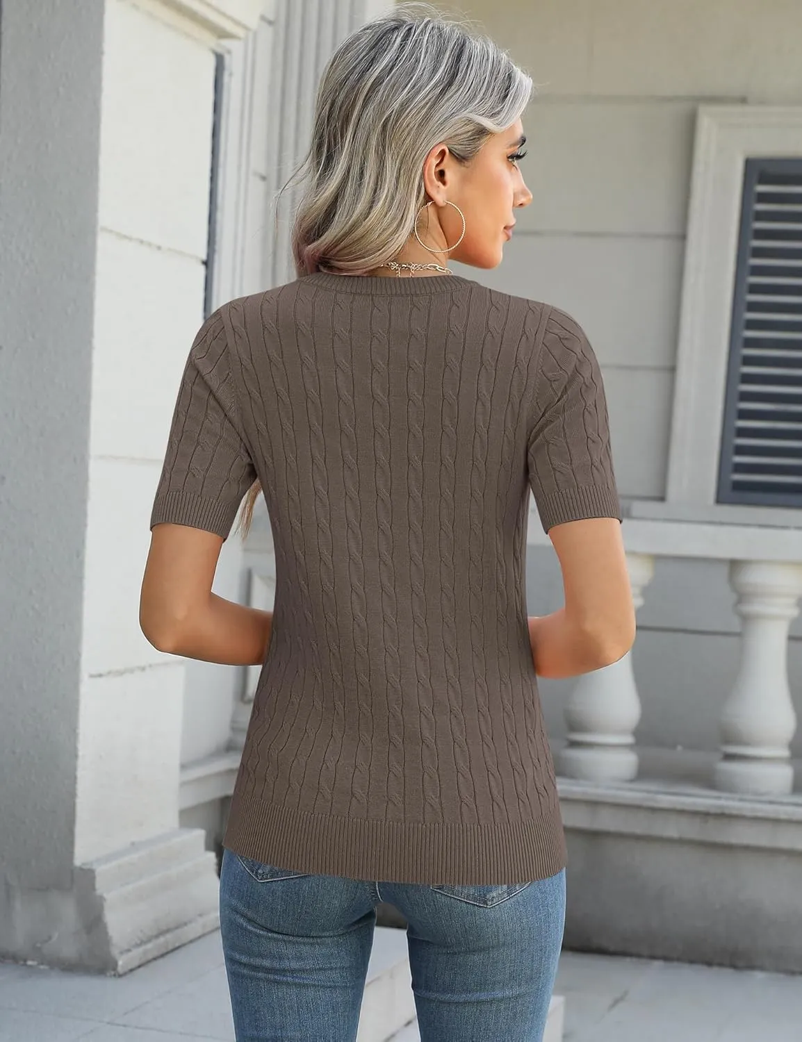 Micoson Womens Short Sleeve Cable Knit Sweater Tops Crewneck Lightweight Spring Summer Shirts Business Dressy Casual Outfits