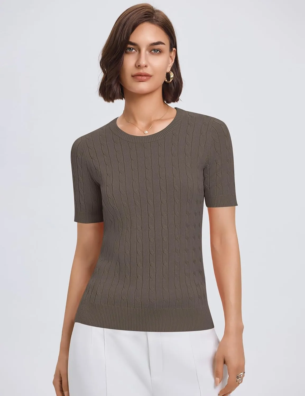 Micoson Womens Short Sleeve Cable Knit Sweater Tops Crewneck Lightweight Spring Summer Shirts Business Dressy Casual Outfits