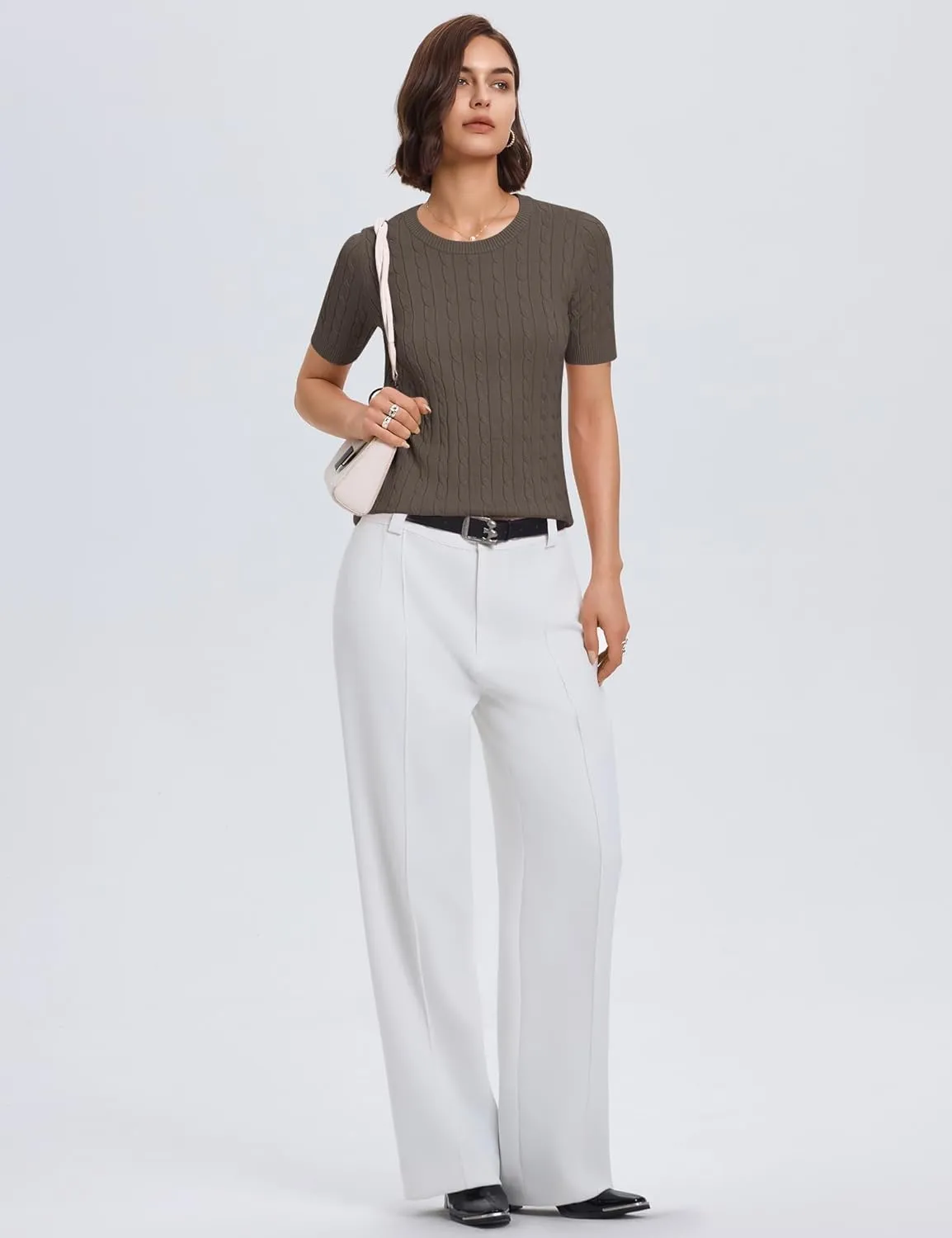 Micoson Womens Short Sleeve Cable Knit Sweater Tops Crewneck Lightweight Spring Summer Shirts Business Dressy Casual Outfits