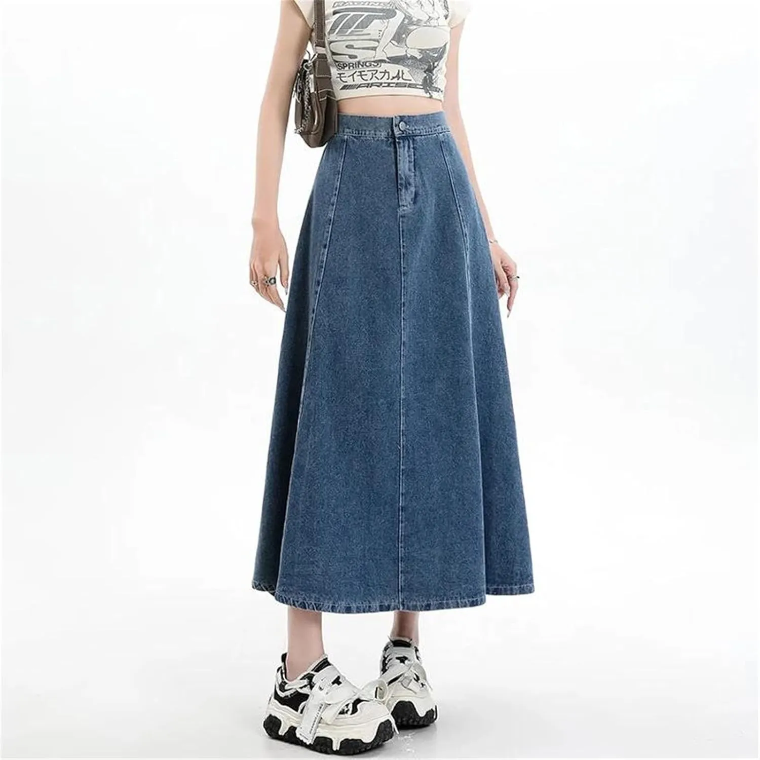 Mid Length A Line Slim Elastic Waist Denim Skirt for Women Fashion Versatile Large Hem Half Skirts