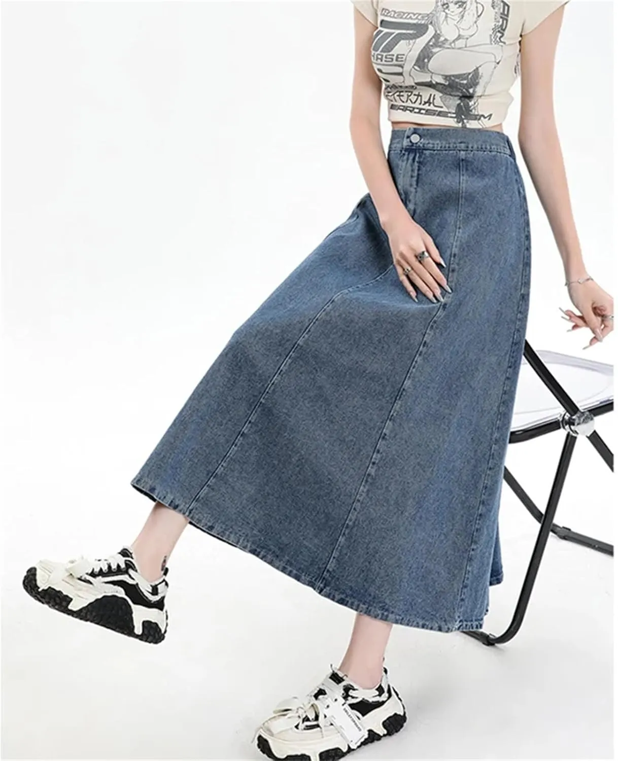 Mid Length A Line Slim Elastic Waist Denim Skirt for Women Fashion Versatile Large Hem Half Skirts