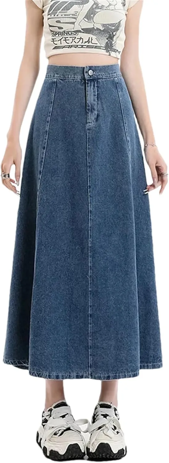 Mid Length A Line Slim Elastic Waist Denim Skirt for Women Fashion Versatile Large Hem Half Skirts