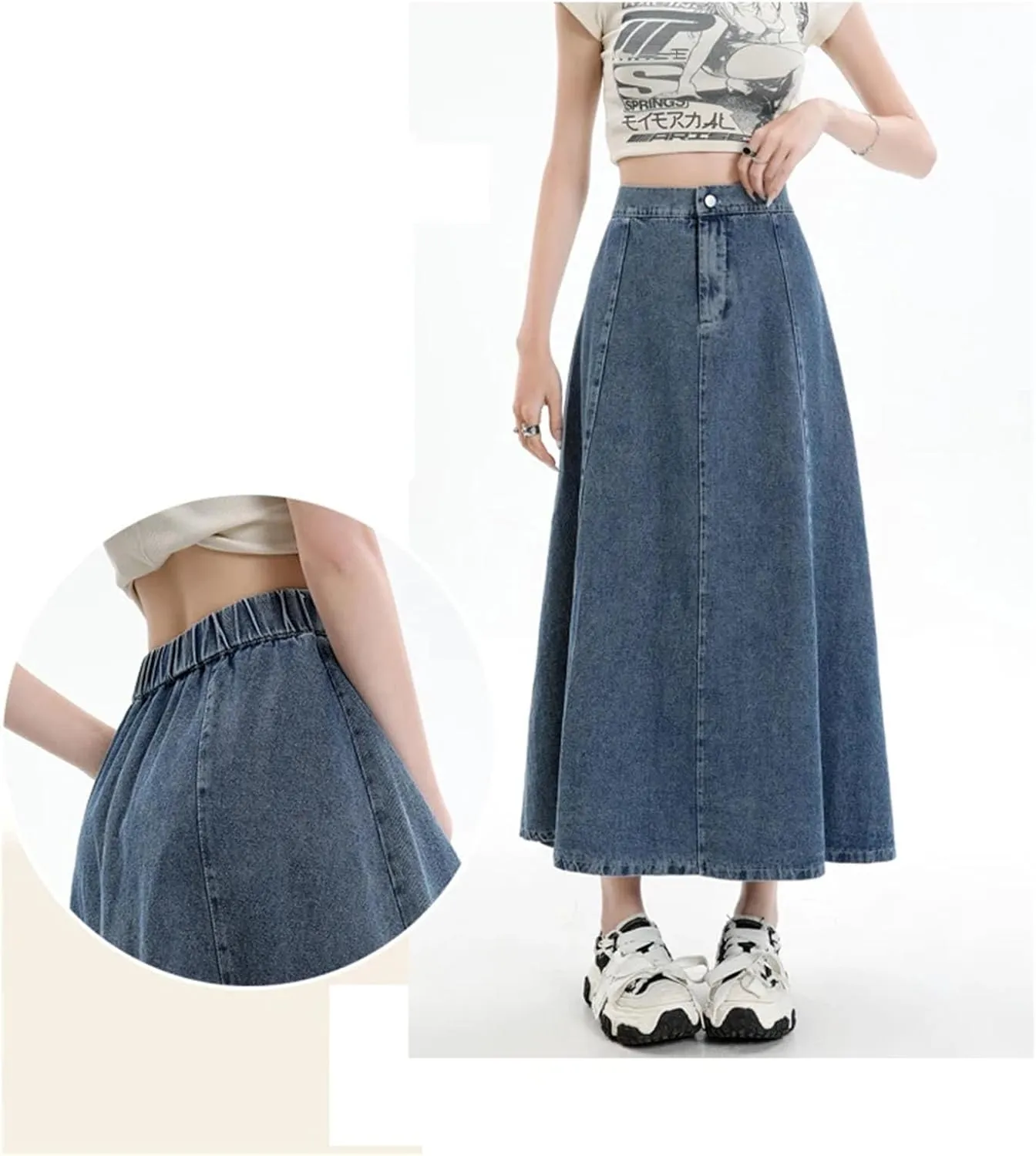 Mid Length A Line Slim Elastic Waist Denim Skirt for Women Fashion Versatile Large Hem Half Skirts