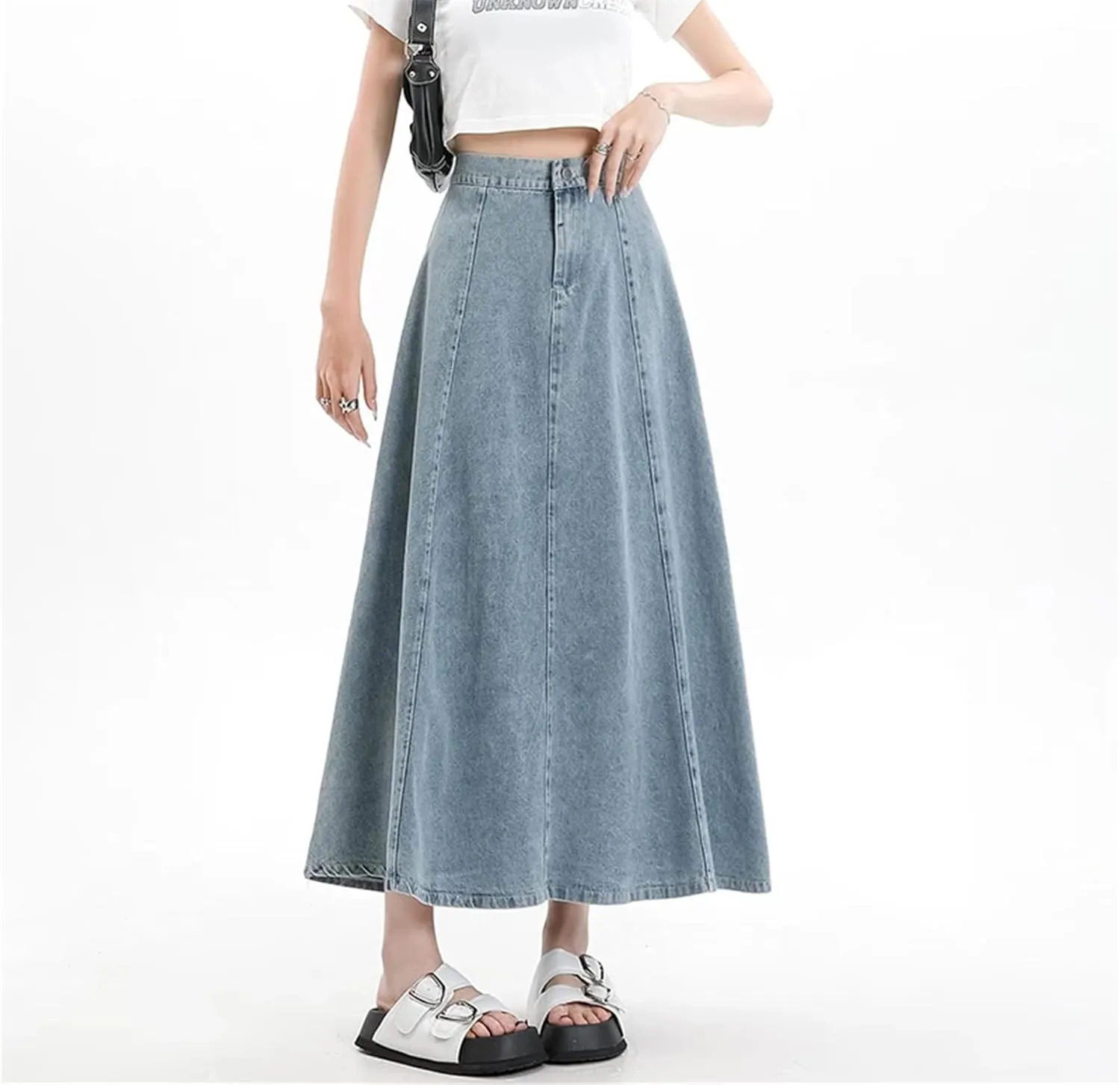 Mid Length A Line Slim Elastic Waist Denim Skirt for Women Fashion Versatile Large Hem Half Skirts
