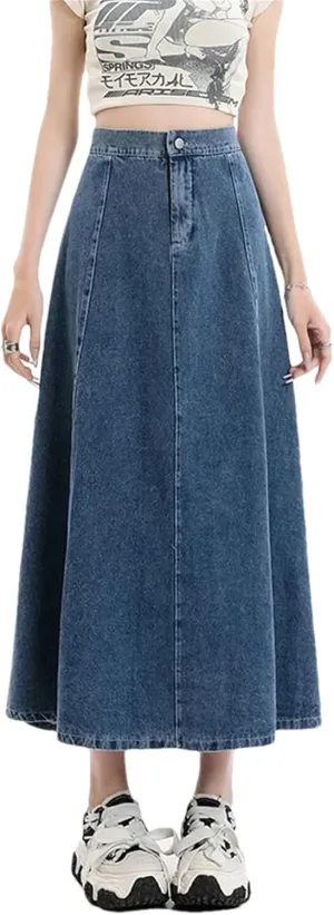Mid Length A Line Slim Elastic Waist Denim Skirt for Women Fashion Versatile Large Hem Half Skirts