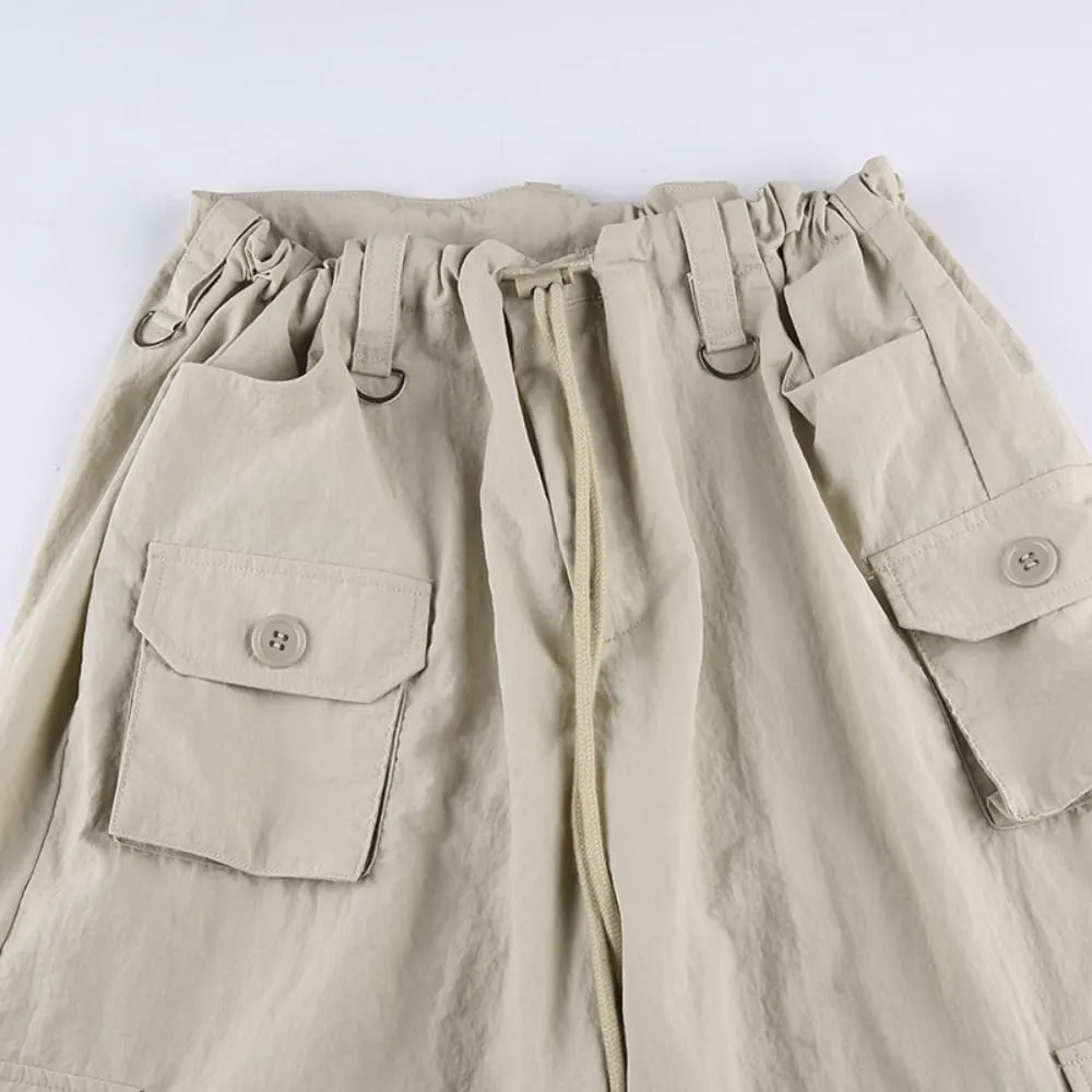 Multi-Pocket Straight Leg Y2k Retro Streetwear Pants Casual Wide Leg Parachute Pants Trendy Cargo Pants Drawstring Pants