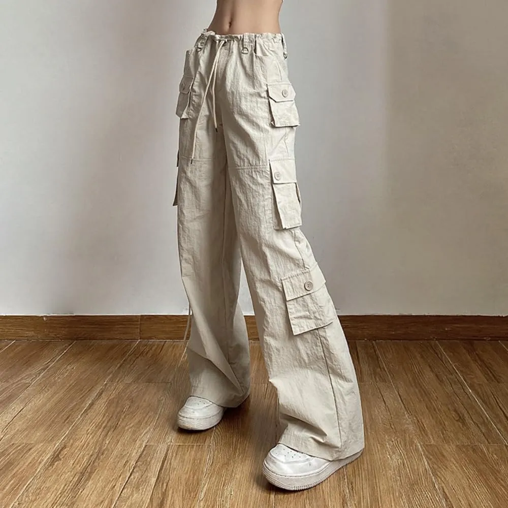 Multi-Pocket Straight Leg Y2k Retro Streetwear Pants Casual Wide Leg Parachute Pants Trendy Cargo Pants Drawstring Pants